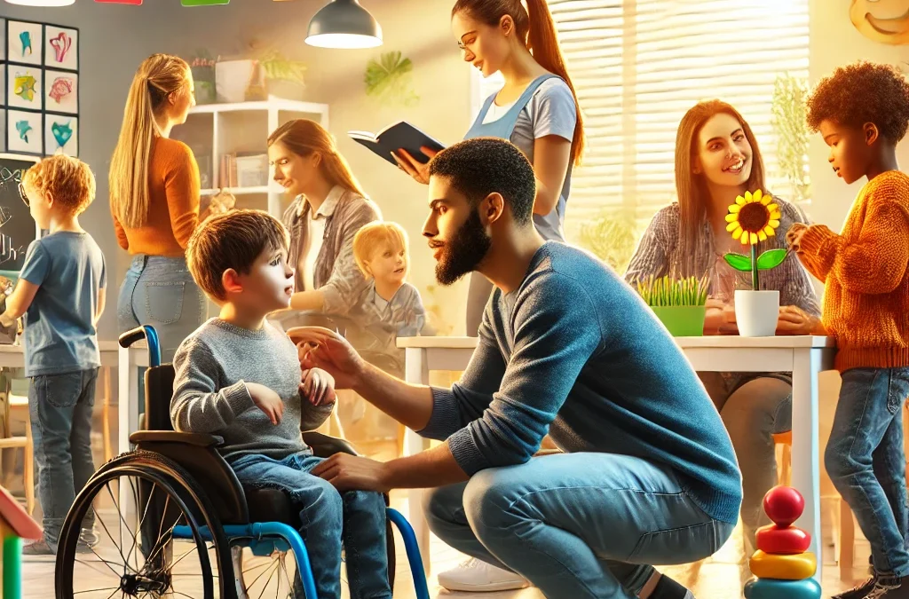 Un aula inclusiva, donde un Técnico de Integración Social apoya a un niño con necesidades especiales, mientras otros estudiantes participan en actividades colaborativas.