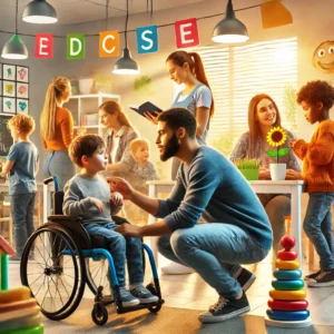 Un aula inclusiva, donde un Técnico de Integración Social apoya a un niño con necesidades especiales, mientras otros estudiantes participan en actividades colaborativas.